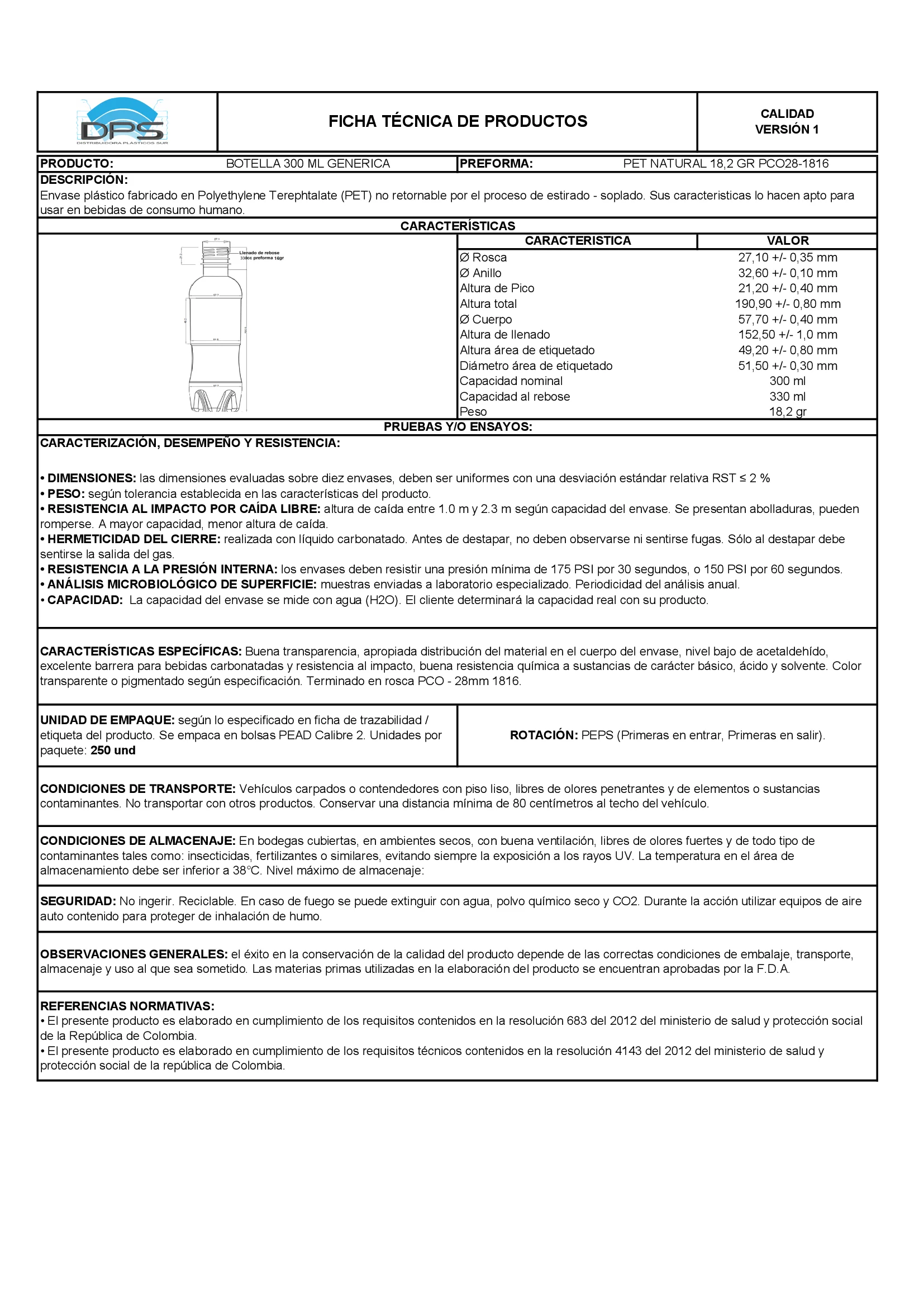 Ficha técnica BOTELLA PET 300 ML NAT PCO28-1816 GENÉRICA
