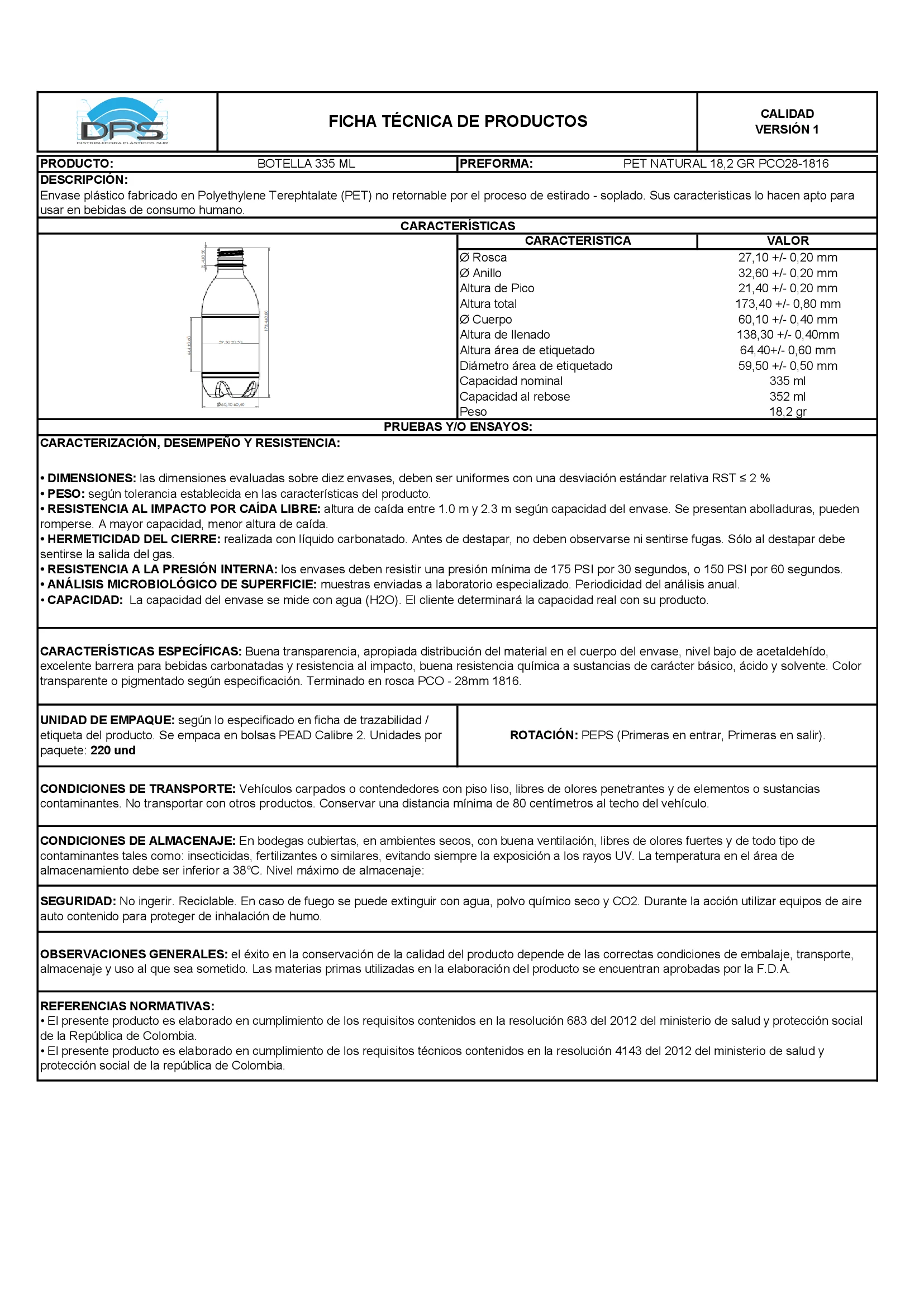 Ficha técnica BOTELLA PET 335 ML NAT PCO28-1816 GENÉRICA