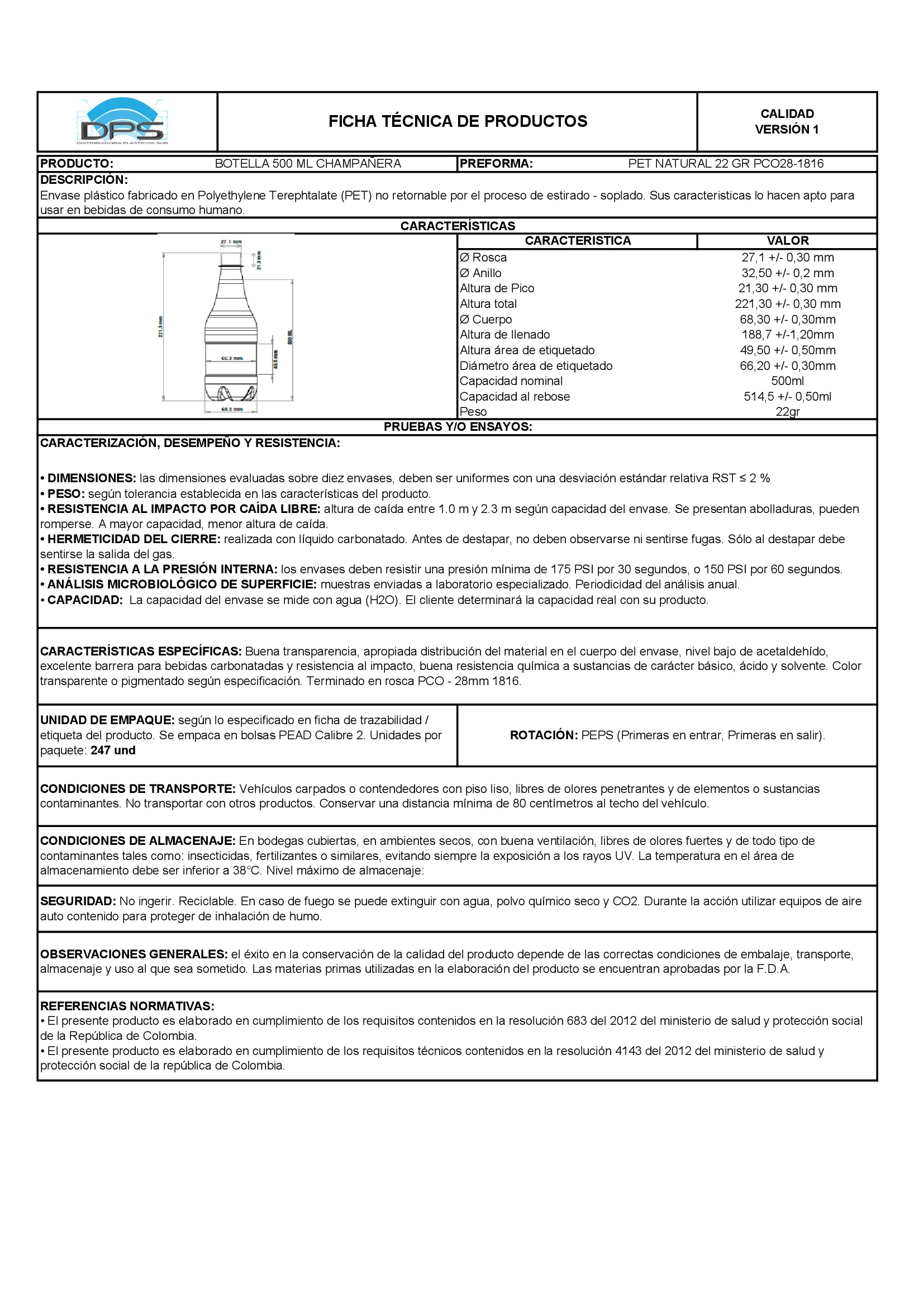 Ficha técnica BOTELLA PET 500 ML NAT PCO28-1816 CHAMPAÑERA
