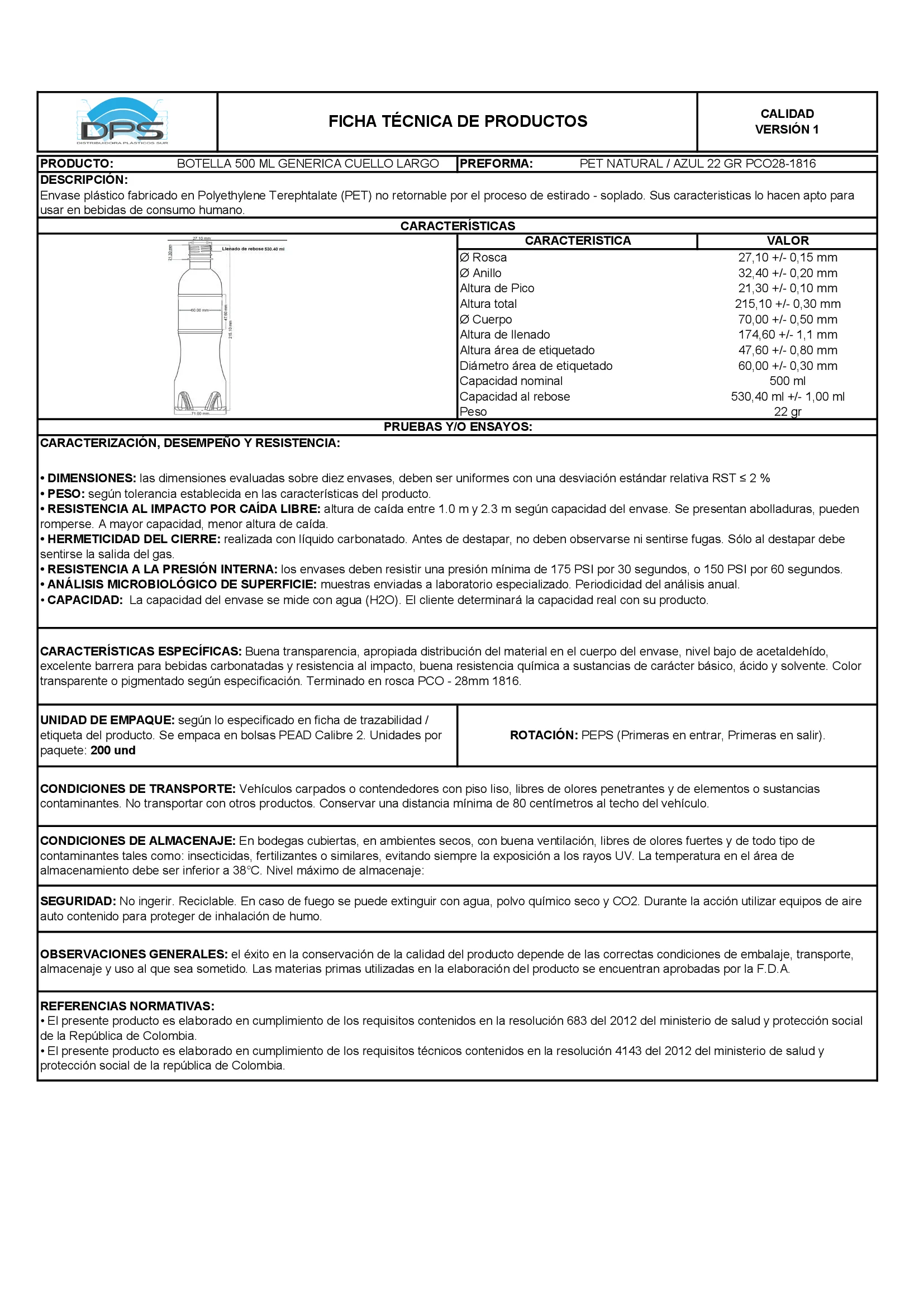 Ficha técnica BOTELLA PET 500 ML NAT PCO28-1816 GENÉRICA