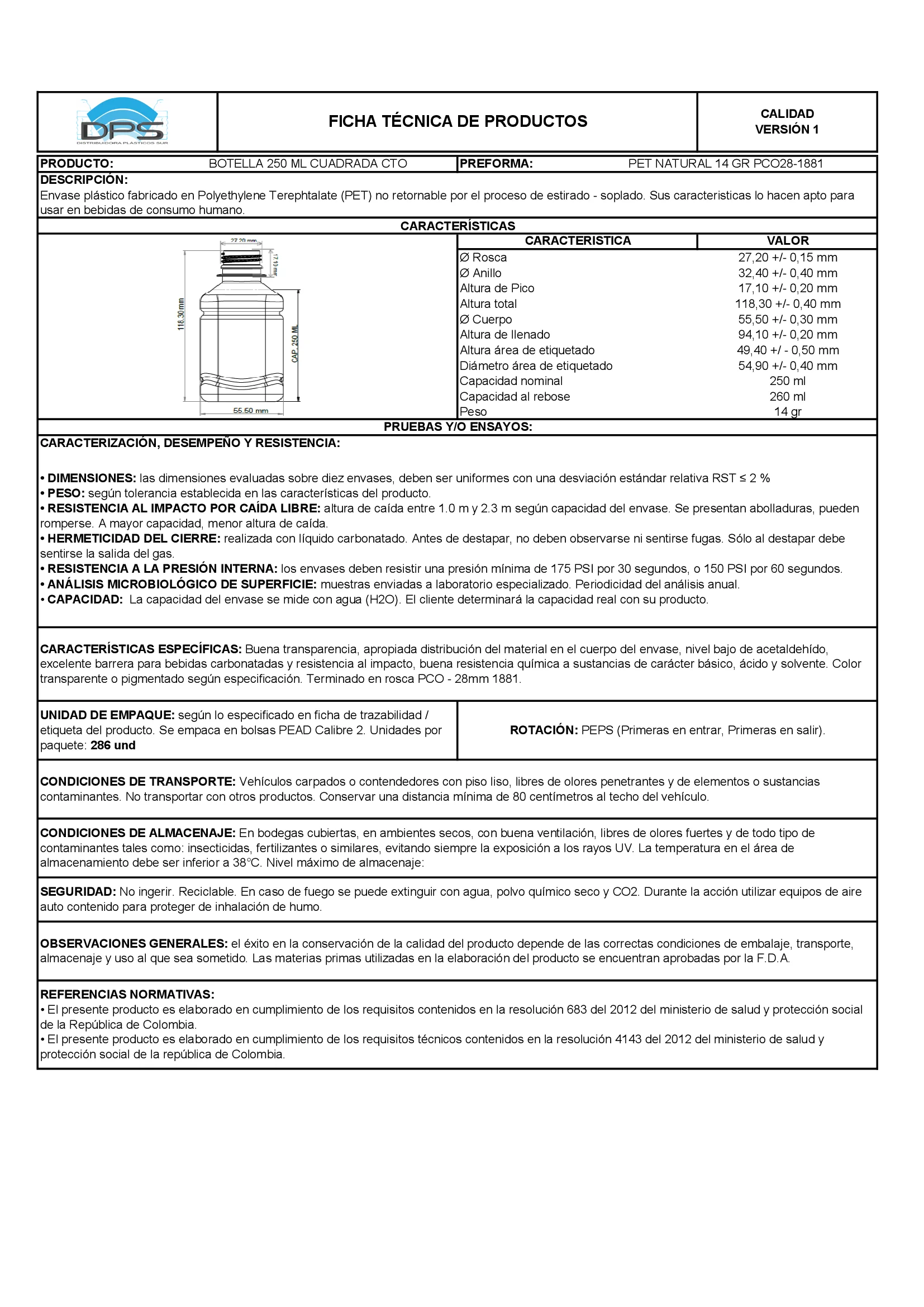Ficha técnica BOTELLA PET 250 ML NAT PCO28-1881 CUADRADA